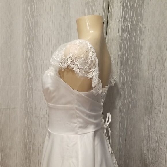 Women's Satin Lace Strap Mini Dress Square Neck Flowy A-Line Ruffle Swing Casual - Picture 8 of 15